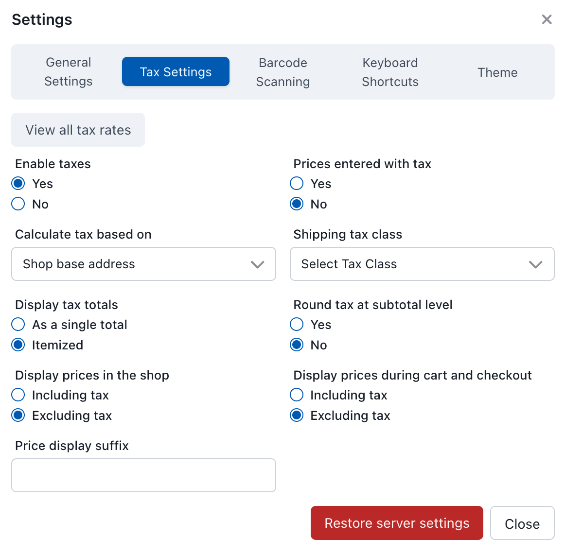 Tax Settings in the POS Store Settings